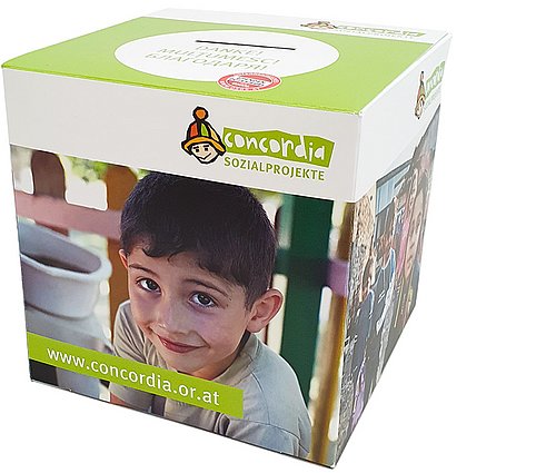 Faltbare Spendenbox von CONCORDIA Sozialprojekte